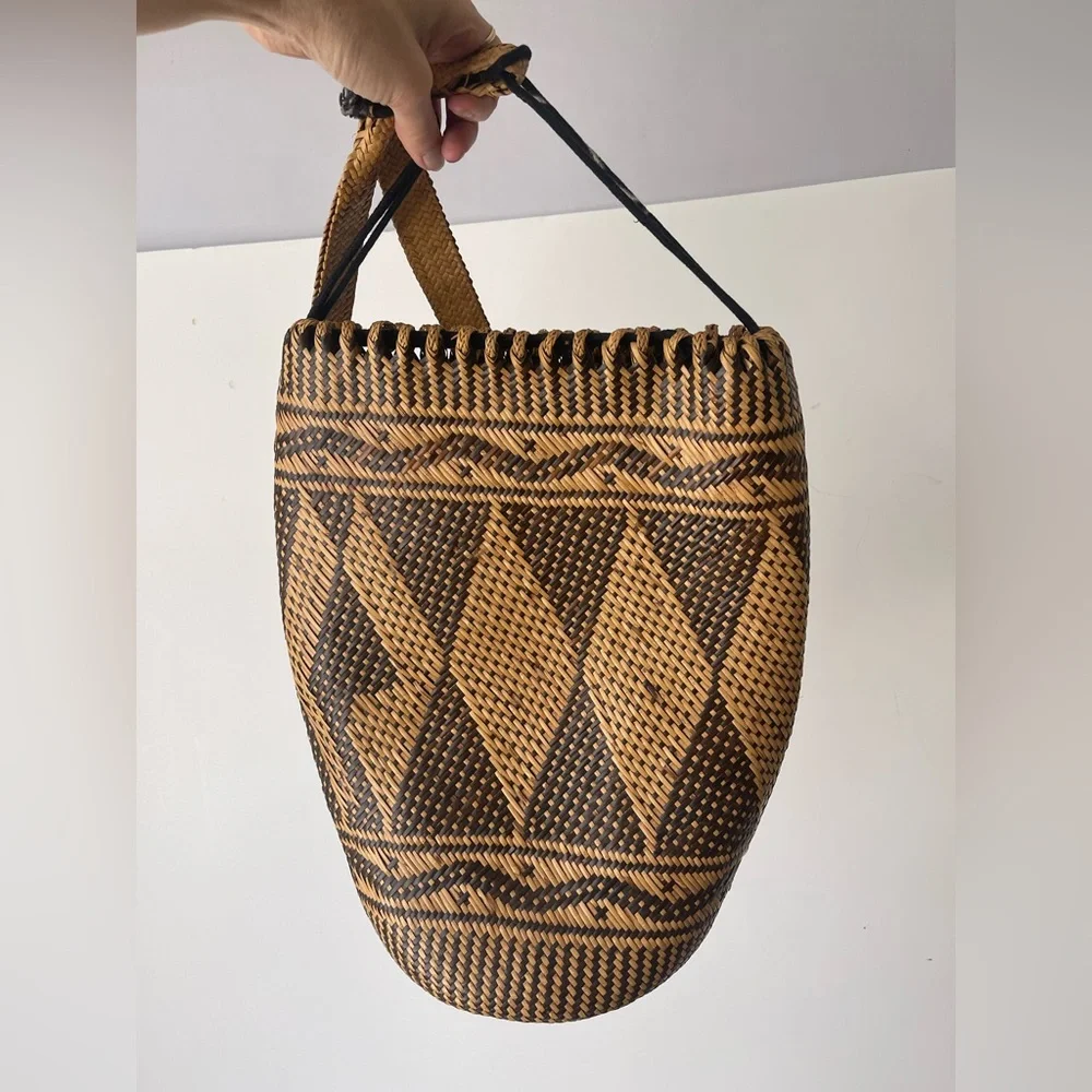 Rattan AJAT BASKET Wicker Backpack Sling Bag Argyle Pattern Woven